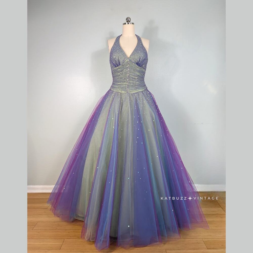 Vintage Mori Lee Prom Dress Maxi Ball Gown 12 Rainbow Fairy Princess Halter